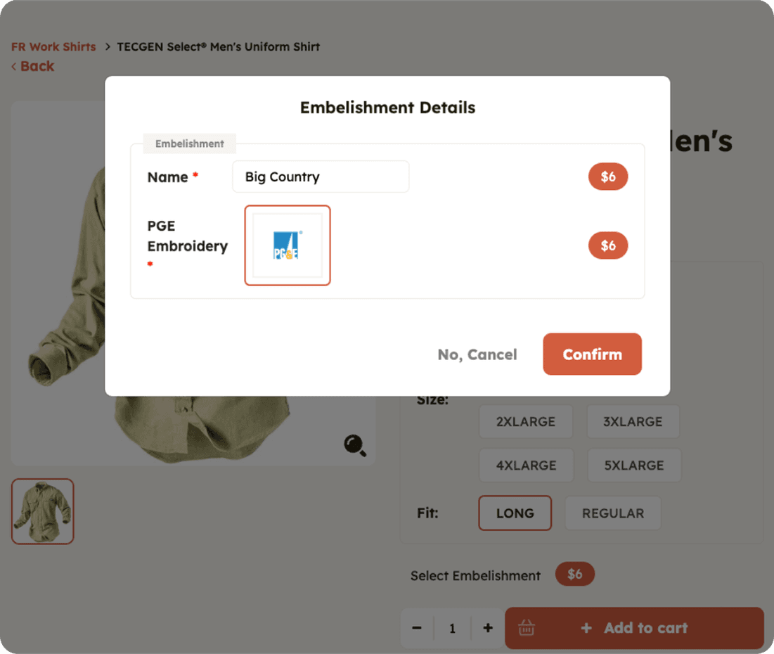 Embellishment details dialog on a Vaca product page configuring name and logo embroidery options